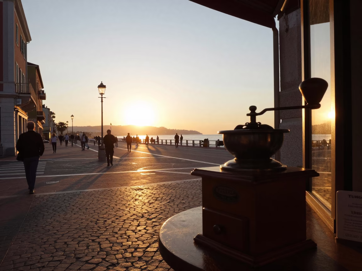 Golden Hour Street Scene in Nice France with Vintage Coffee Grinder and Coastal Ambiance in in Nice, France