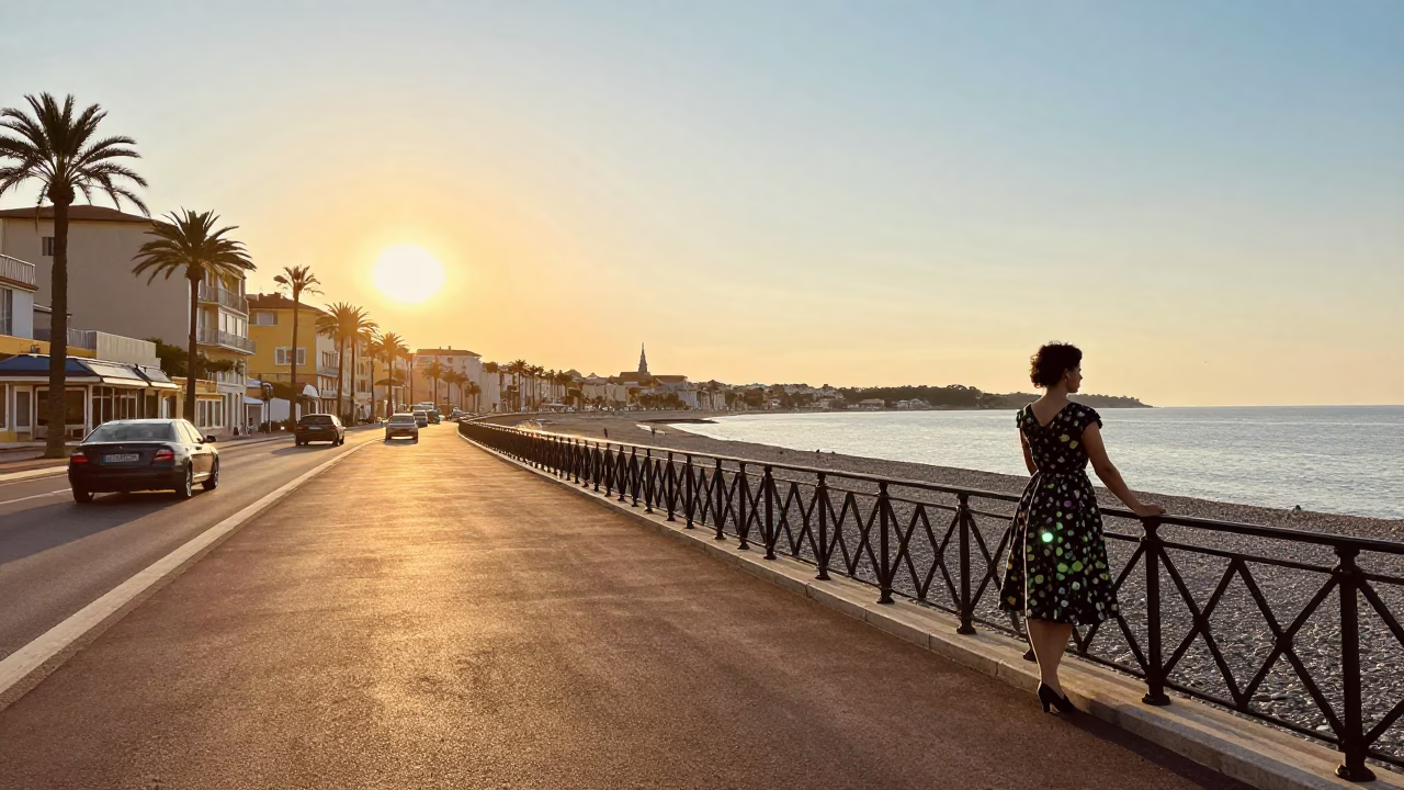 Golden Hour Street Scene in Nice France with Vintage Elements in in Nice, France