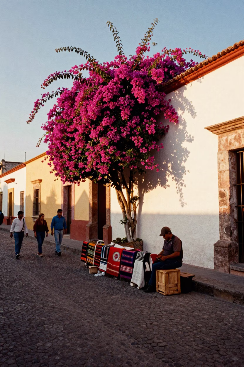 Golden Hour Street Scene in Oaxaca Mexico with Bougainvillea and Local Market Activity in in Oaxaca, Mexico