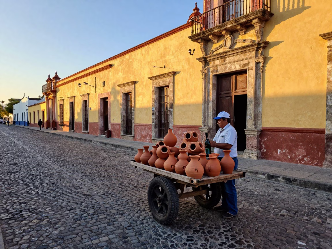 Golden Hour Street Scene in Oaxaca Mexico with Clay Pot and Bottle in in Oaxaca, Mexico