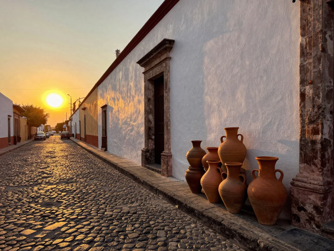 Golden Hour Street Scene in Oaxaca Mexico with Clay Pots and Bicycle in in Oaxaca, Mexico