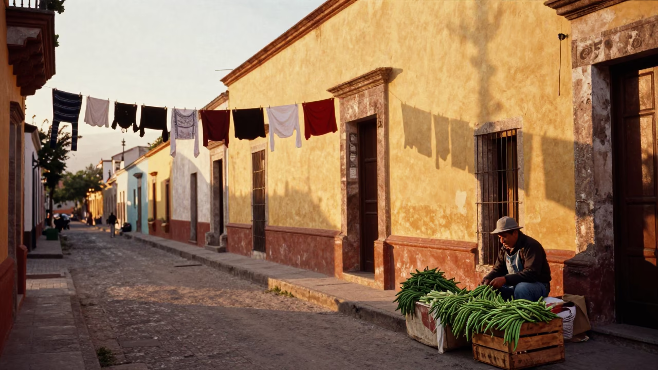 Golden Hour Street Scene in Oaxaca Mexico with Clothesline and String Beans in in Oaxaca, Mexico
