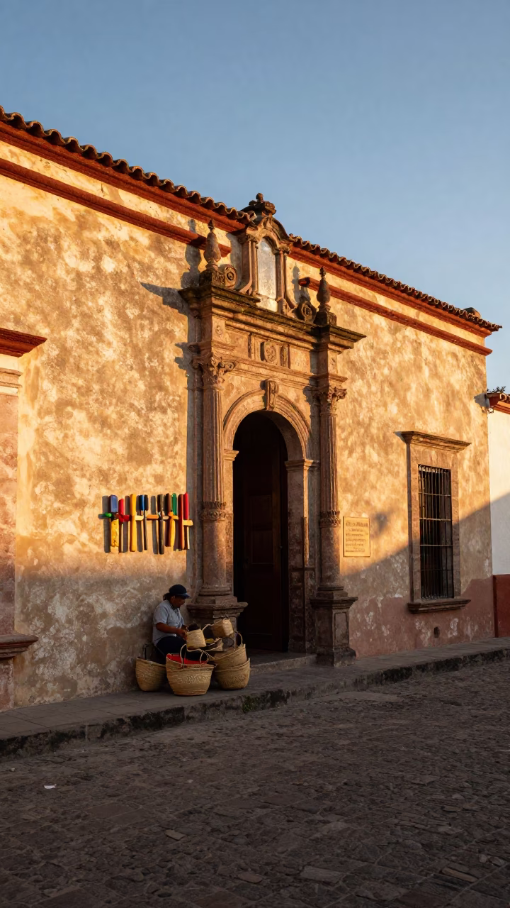 Golden Hour Street Scene in Oaxaca Mexico with Colonial Architecture and Local Life in in Oaxaca, Mexico