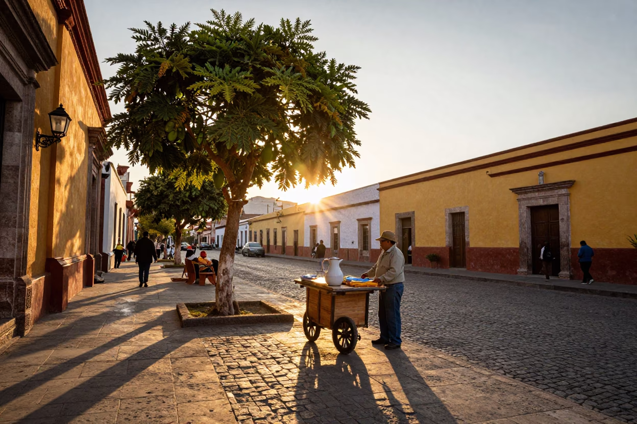 Golden Hour Street Scene in Oaxaca Mexico with Enamel Pitcher and Papaya Tree in in Oaxaca, Mexico