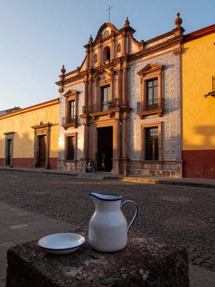 Golden Hour Street Scene in Oaxaca Mexico with Enamel Pitcher and Saucer in in Oaxaca, Mexico