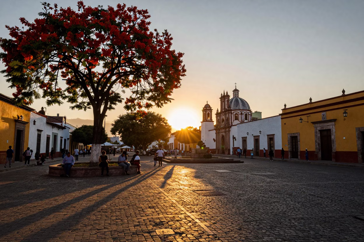 Golden Hour Street Scene in Oaxaca Mexico with Flame Tree and Traditional Market Activity in in Oaxaca, Mexico