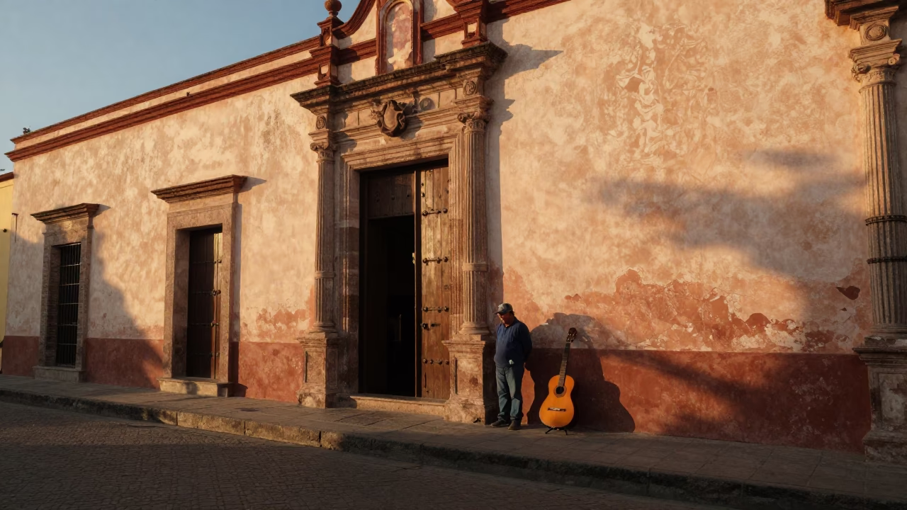 Golden Hour Street Scene in Oaxaca Mexico with Guitar and Local Life in in Oaxaca, Mexico