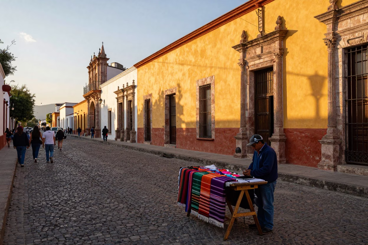Golden Hour Street Scene in Oaxaca Mexico with Local Market Vendor and Notebook in in Oaxaca, Mexico