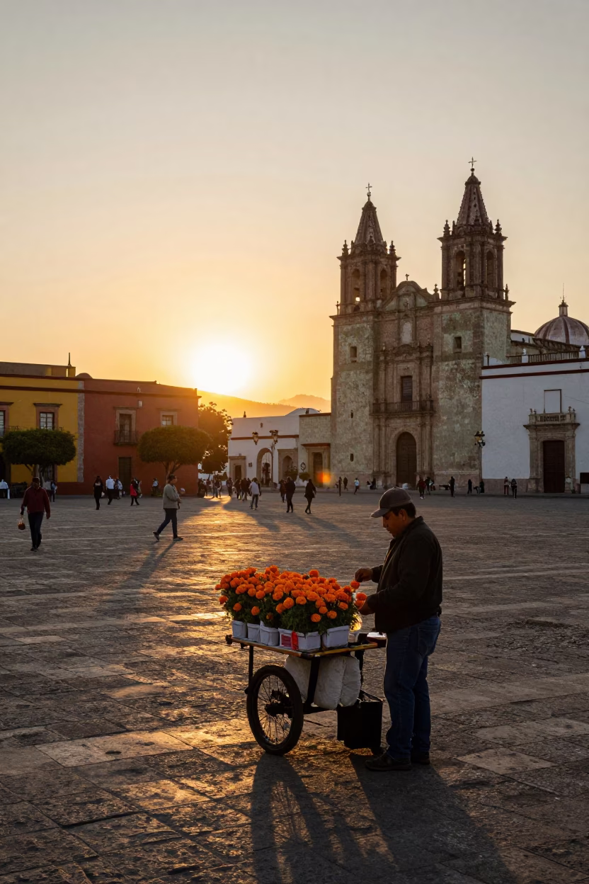 Golden Hour Street Scene in Oaxaca Mexico with Local Vendor and Motorcycle in in Oaxaca, Mexico