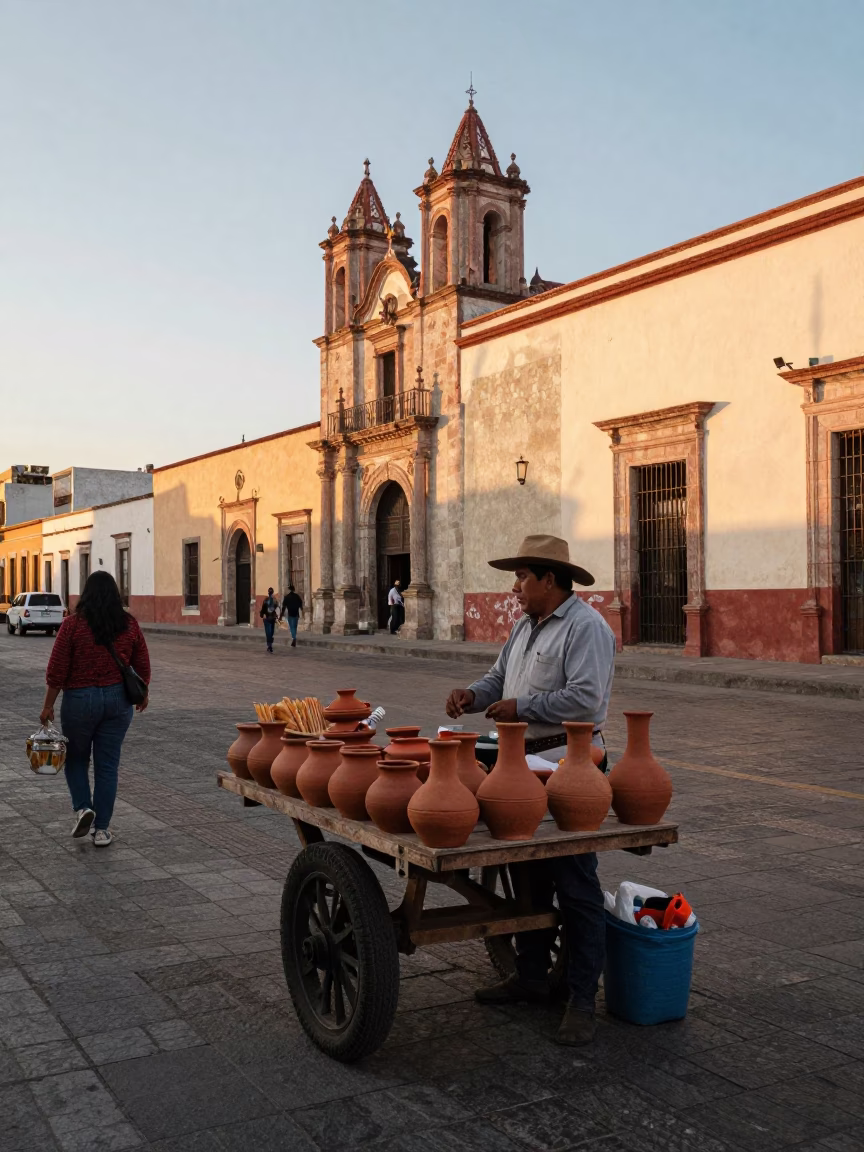 Golden Hour Street Scene in Oaxaca Mexico with Local Vendor and Traditional Food in in Oaxaca, Mexico