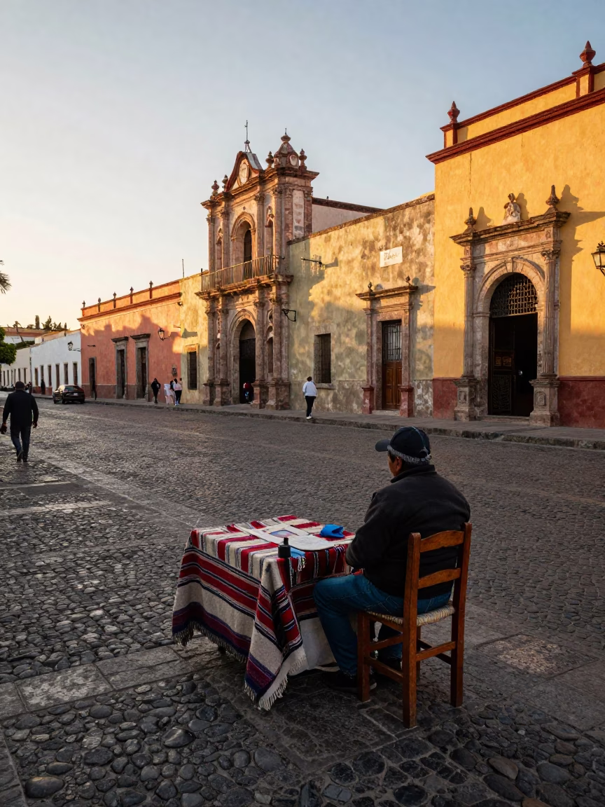 Golden Hour Street Scene in Oaxaca Mexico with Local Vendor Chair and Blanket in in Oaxaca, Mexico