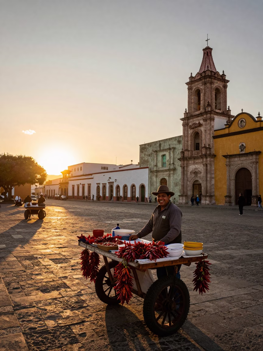 Golden Hour Street Scene in Oaxaca Mexico with Local Vendors and Traditional Architecture in in Oaxaca, Mexico