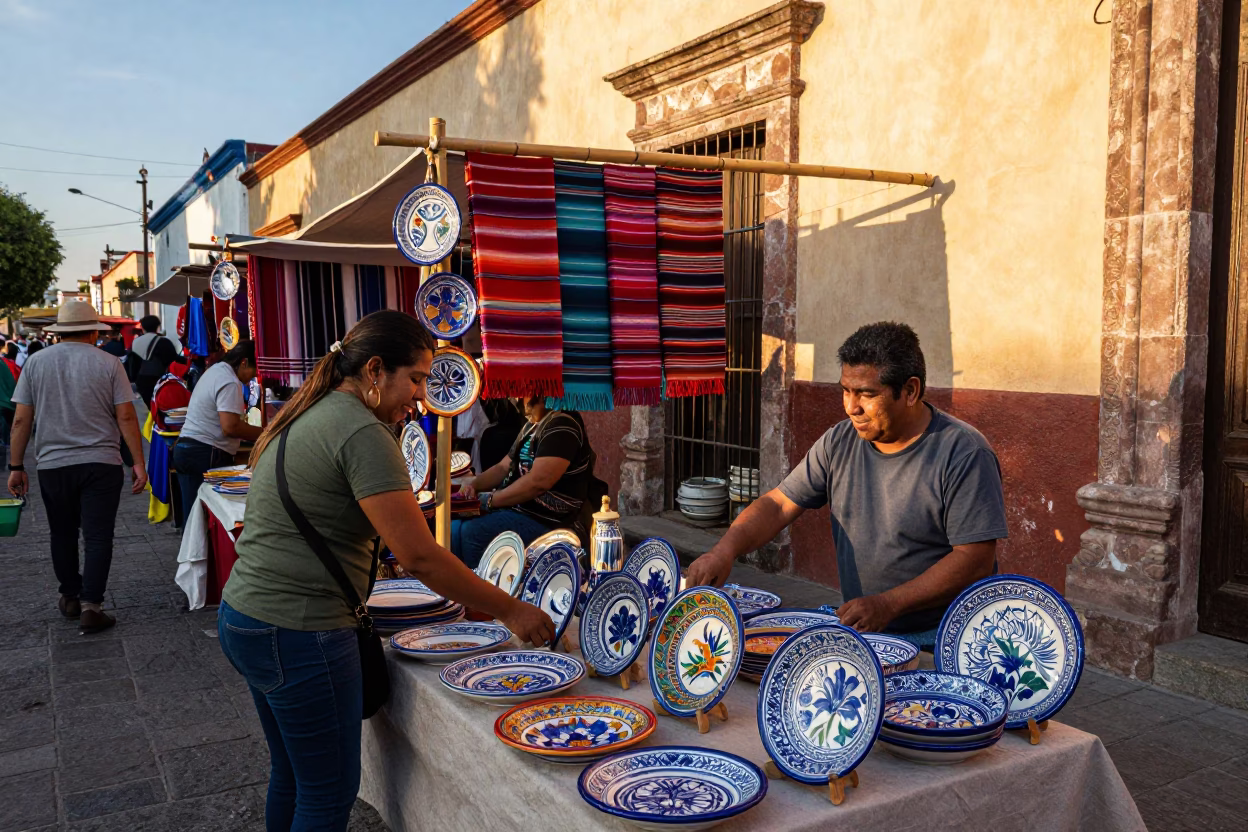 Golden Hour Street Scene in Oaxaca Mexico with Majolica Plates in in Oaxaca, Mexico