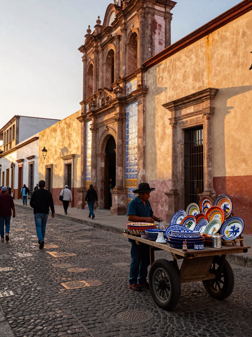 Golden Hour Street Scene in Oaxaca Mexico with Majolica Tiles and Local Market Activity in in Oaxaca, Mexico
