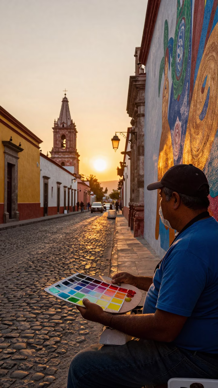 Golden Hour Street Scene in Oaxaca Mexico with Muralist and Color Swatches on Scaffold in in Oaxaca, Mexico