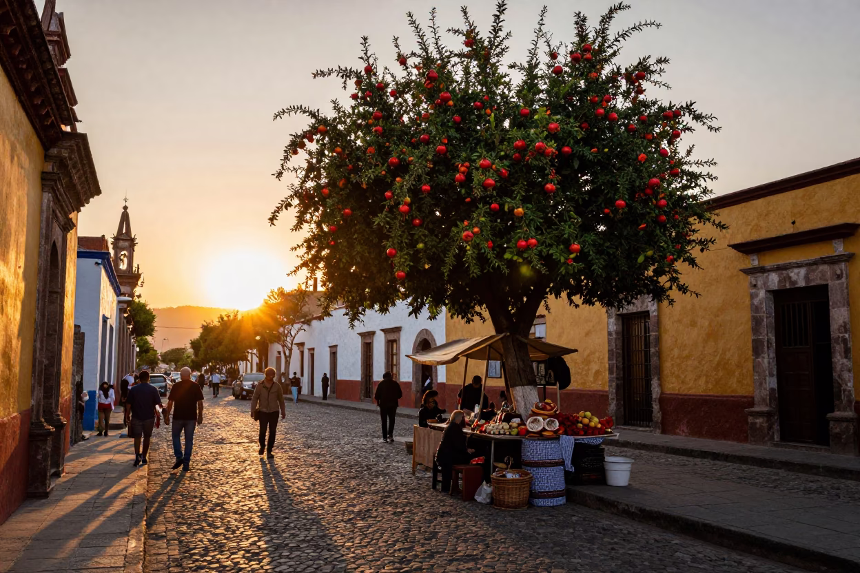 Golden Hour Street Scene in Oaxaca Mexico with Pomegranate Tree and Market Activity in in Oaxaca, Mexico