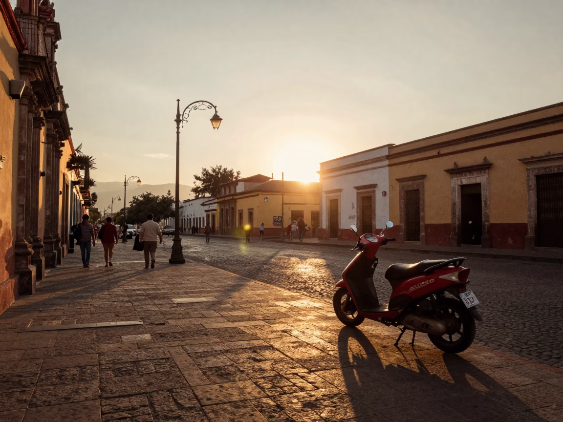 Golden Hour Street Scene in Oaxaca Mexico with Scooter and Local Life in in Oaxaca, Mexico