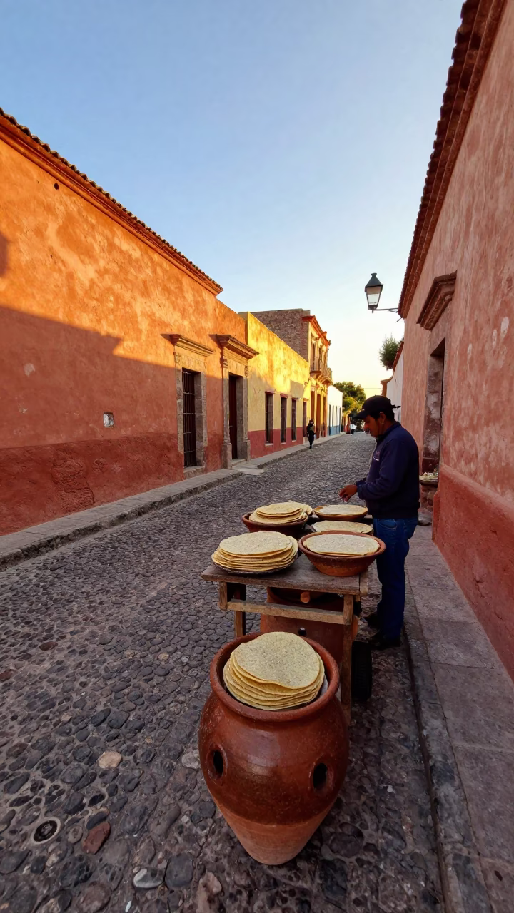 Golden Hour Street Scene in Oaxaca Mexico with Stoneware Crocks in in Oaxaca, Mexico