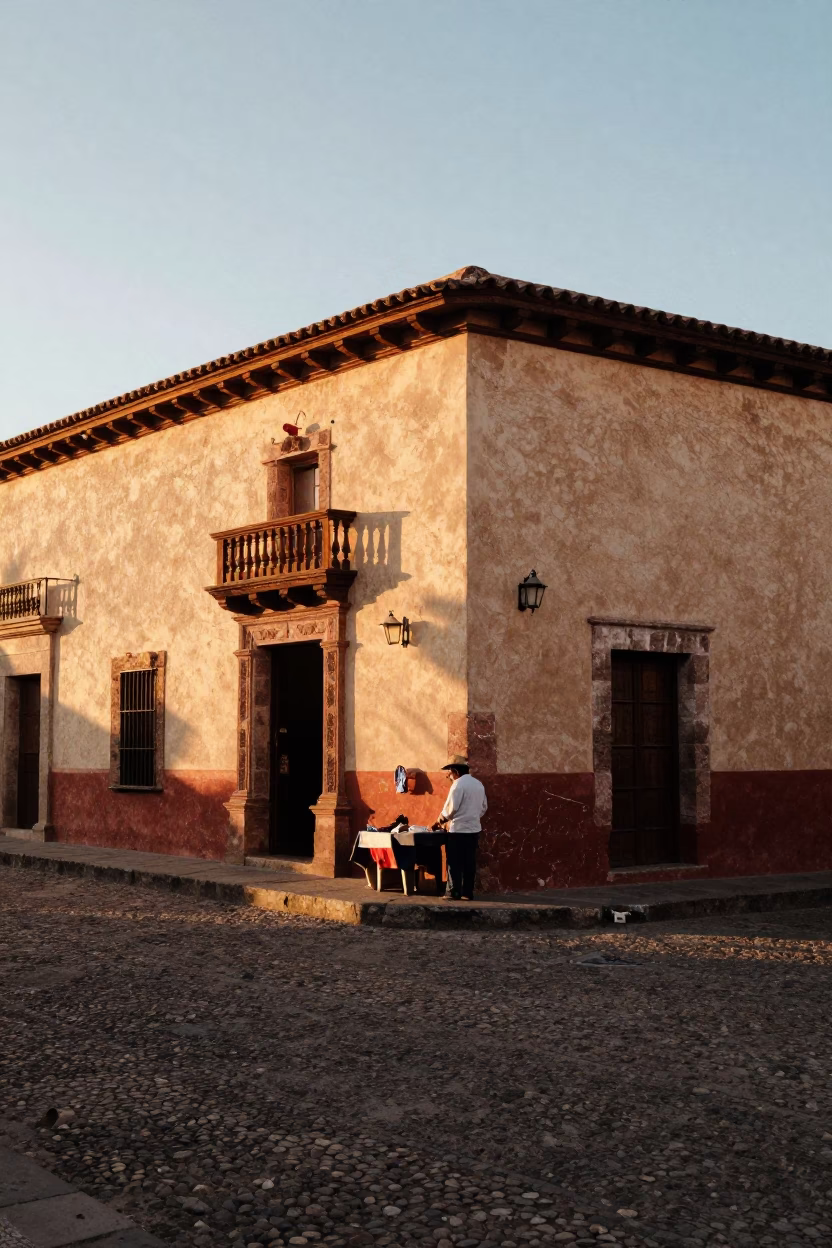 Golden Hour Street Scene in Oaxaca Mexico with Traditional Architecture and Local Life in in Oaxaca, Mexico