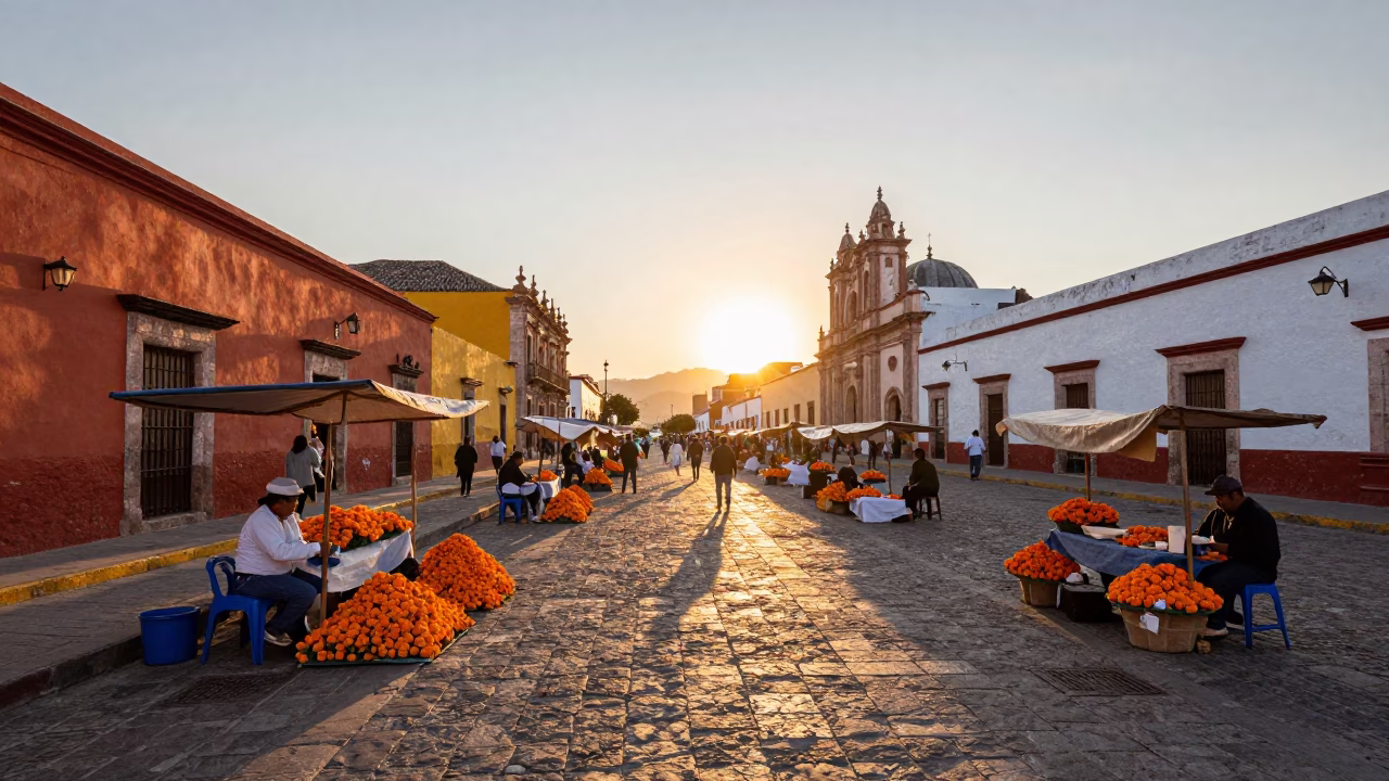 Golden Hour Street Scene in Oaxaca Mexico with Traditional Market Stalls and Locals in in Oaxaca, Mexico