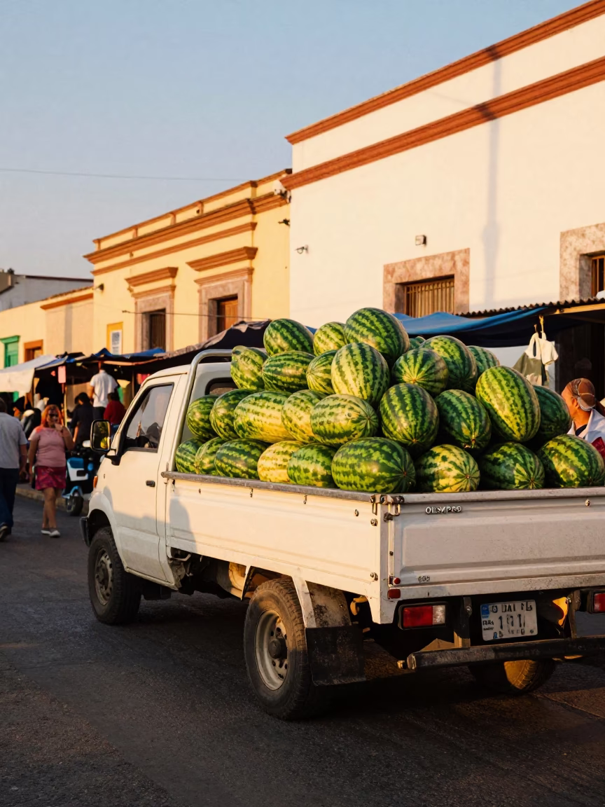 Golden Hour Street Scene in Oaxaca Mexico with Truck and Local Market Activity in in Oaxaca, Mexico