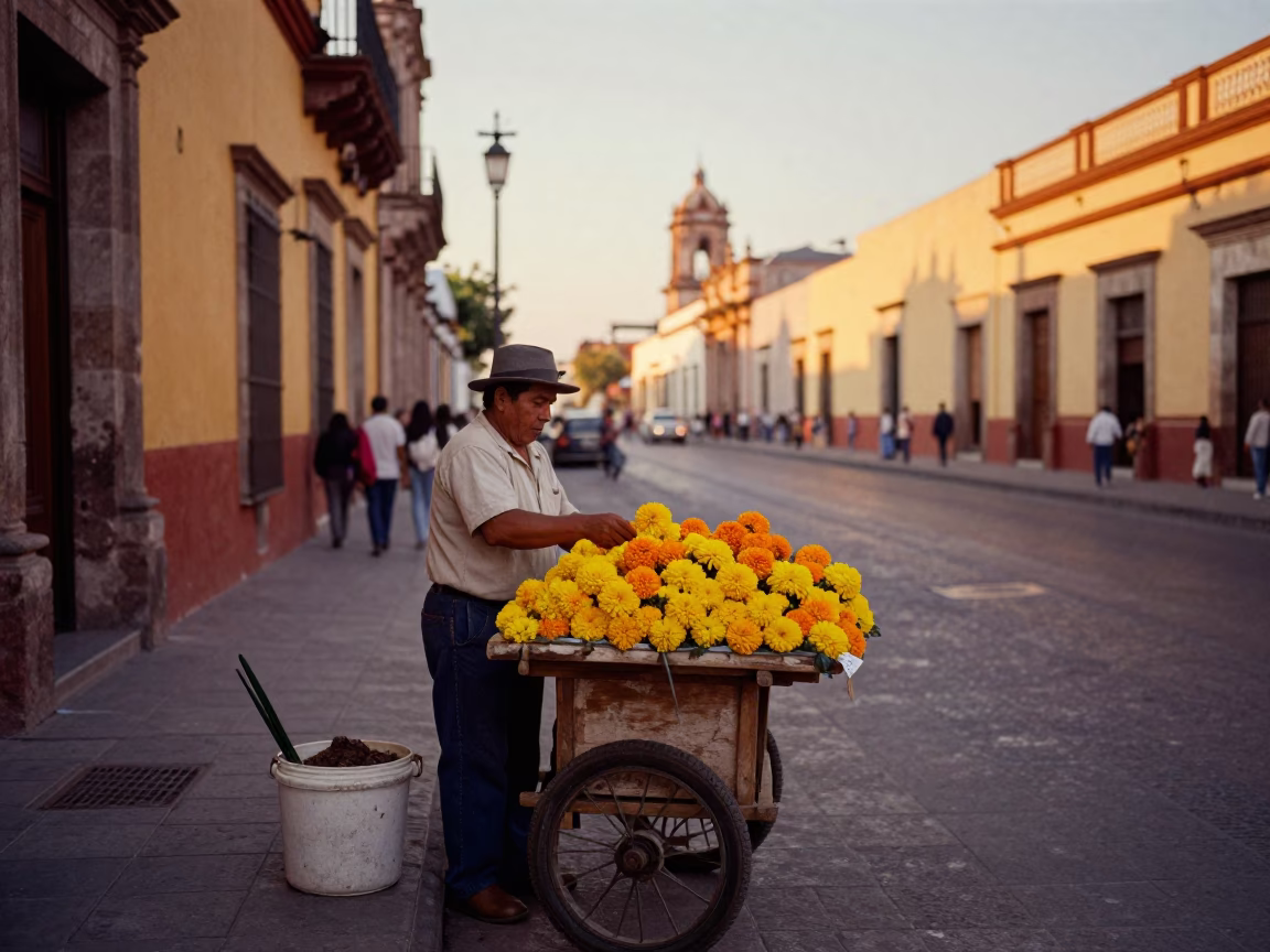Golden Hour Street Scene in Oaxaca Mexico with Vendor and Local Life in in Oaxaca, Mexico