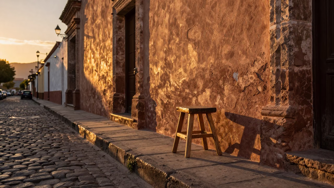Golden Hour Street Scene in Oaxaca Mexico with Wooden Stool and Rusty Window in in Oaxaca, Mexico