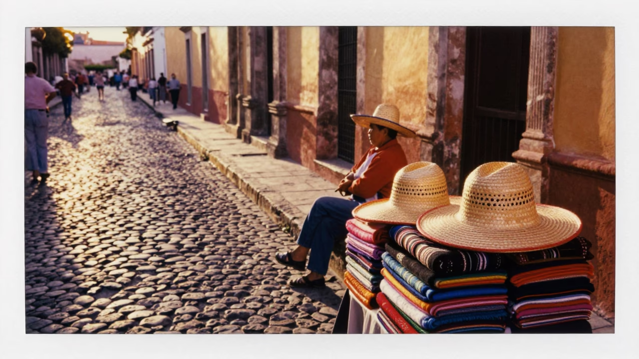 Golden Hour Street Scene in Oaxaca Mexico with Woven Cane and Sun Hats in in Oaxaca, Mexico