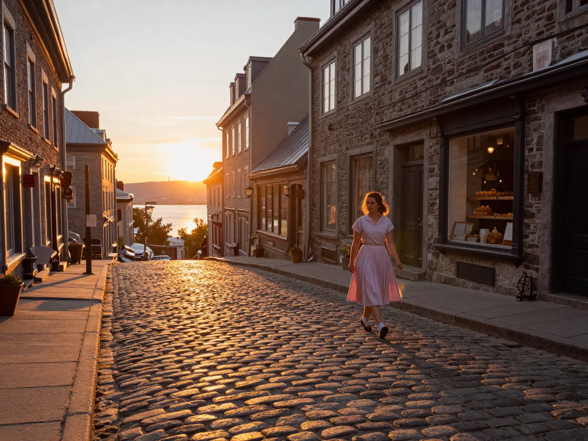 Golden Hour Street Scene in Old Quebec City with Cobblestones and Historic Architecture in in Quebec City, Quebec, Canada