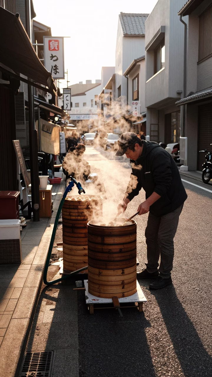 Golden Hour Street Scene in Osaka Japan with Bamboo Steamer and Hose Nozzle in in Osaka, Japan