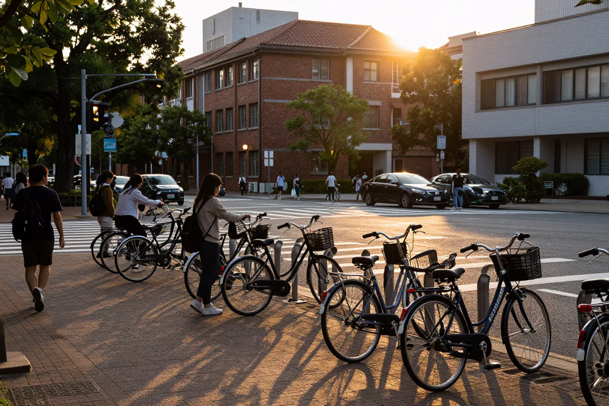 Golden Hour Street Scene in Osaka Japan with Bicycles and Brick Architecture in in Osaka, Japan