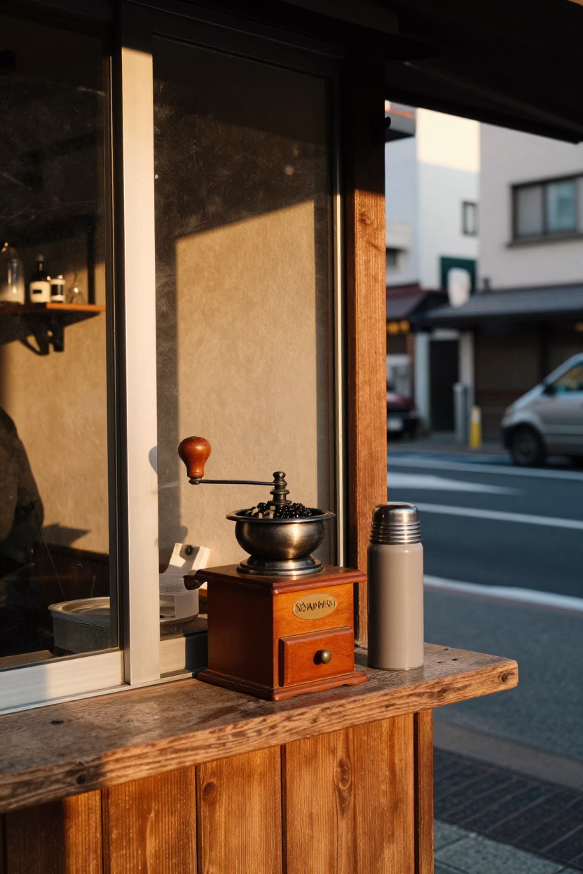 Golden Hour Street Scene in Osaka Japan with Coffee Grinder and Thermos in in Osaka, Japan