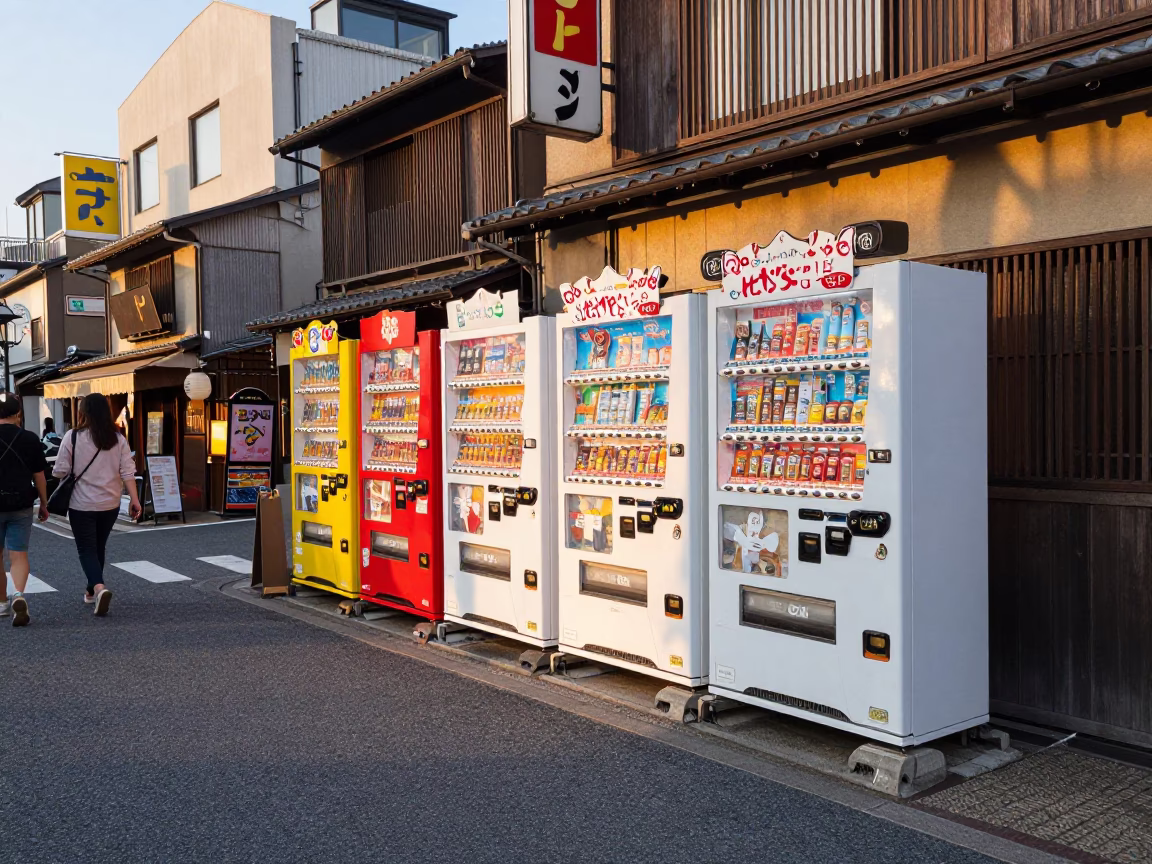 Golden Hour Street Scene in Osaka Japan with Colorful Vending Machines and Pedestrians in in Osaka, Japan