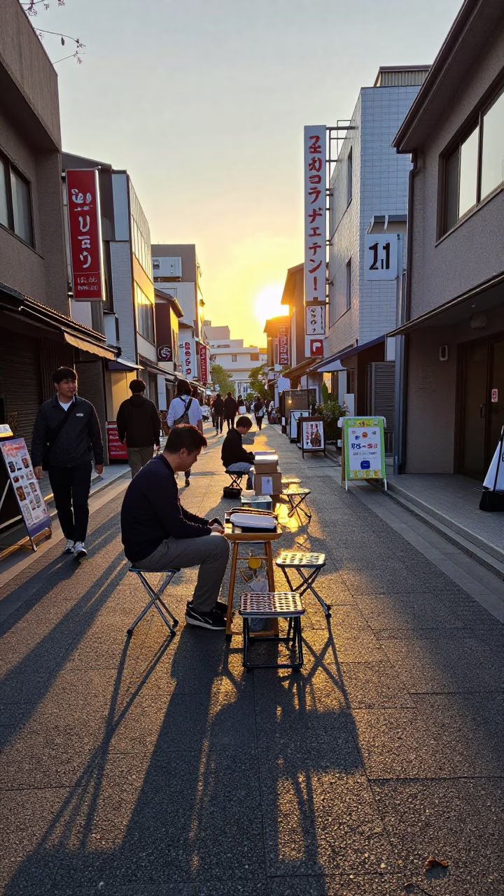 Golden Hour Street Scene in Osaka Japan with Folding Stools and Local Vendors in in Osaka, Japan