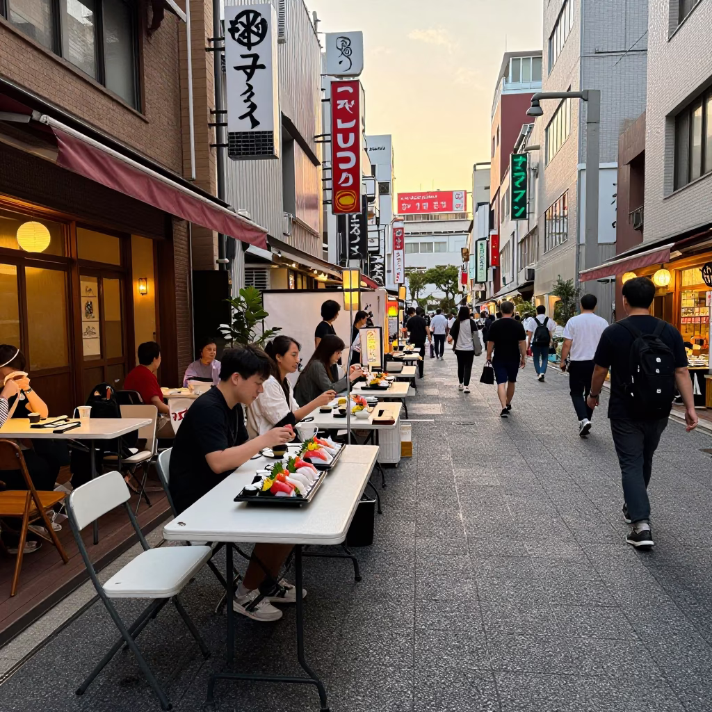 Golden Hour Street Scene in Osaka Japan with Folding Tables and Fresh Sashimi Display in in Osaka, Japan