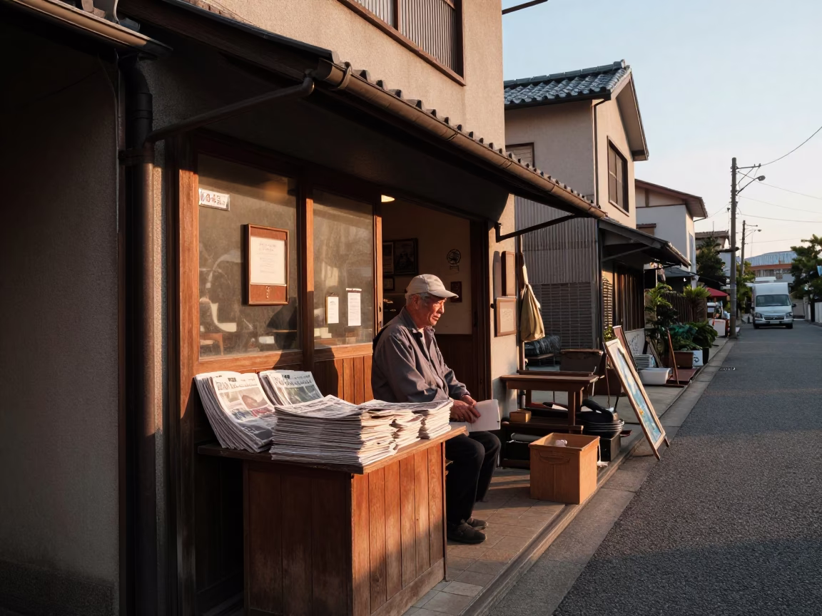 Golden Hour Street Scene in Osaka Japan with Local Shopkeeper and Vintage Items in in Osaka, Japan