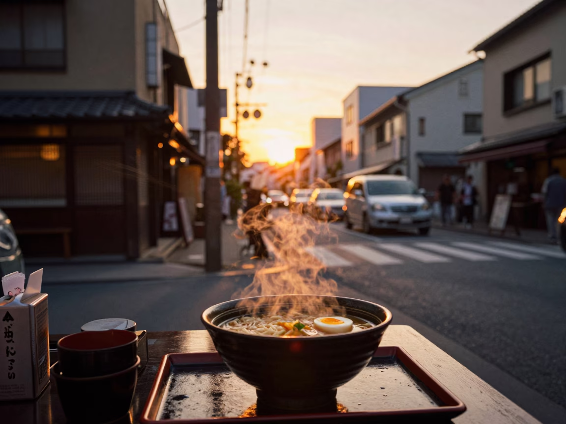 Golden Hour Street Scene in Osaka Japan with Ramen Bowl and Urban Evening Activity in in Osaka, Japan