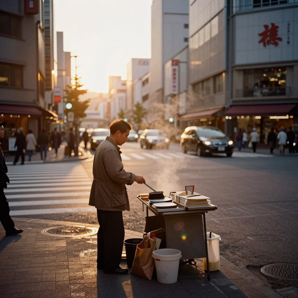Golden Hour Street Scene in Osaka Japan with Shoe Brush and Condensation in in Osaka, Japan