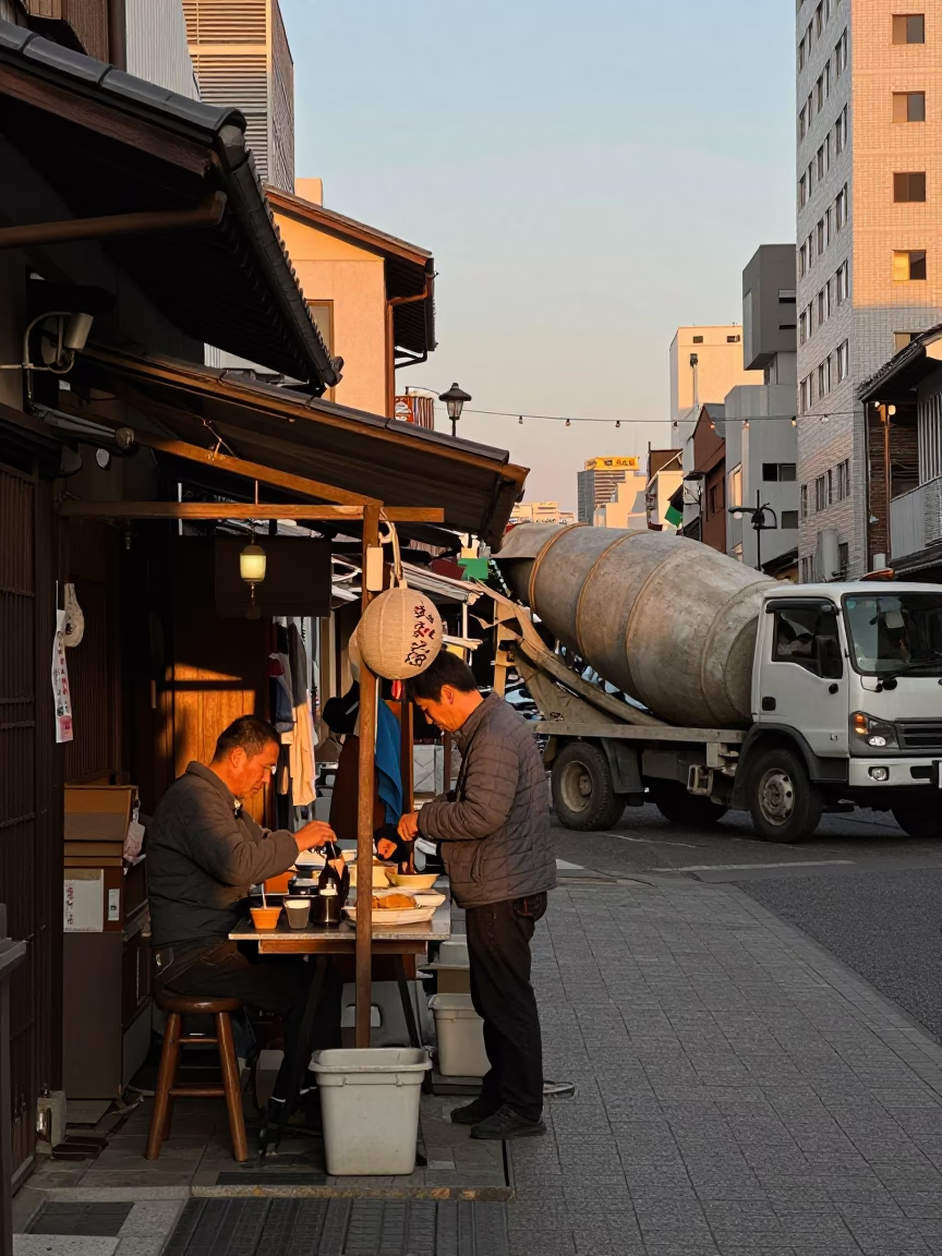 Golden Hour Street Scene in Osaka Japan with Traditional and Modern Elements in in Osaka, Japan