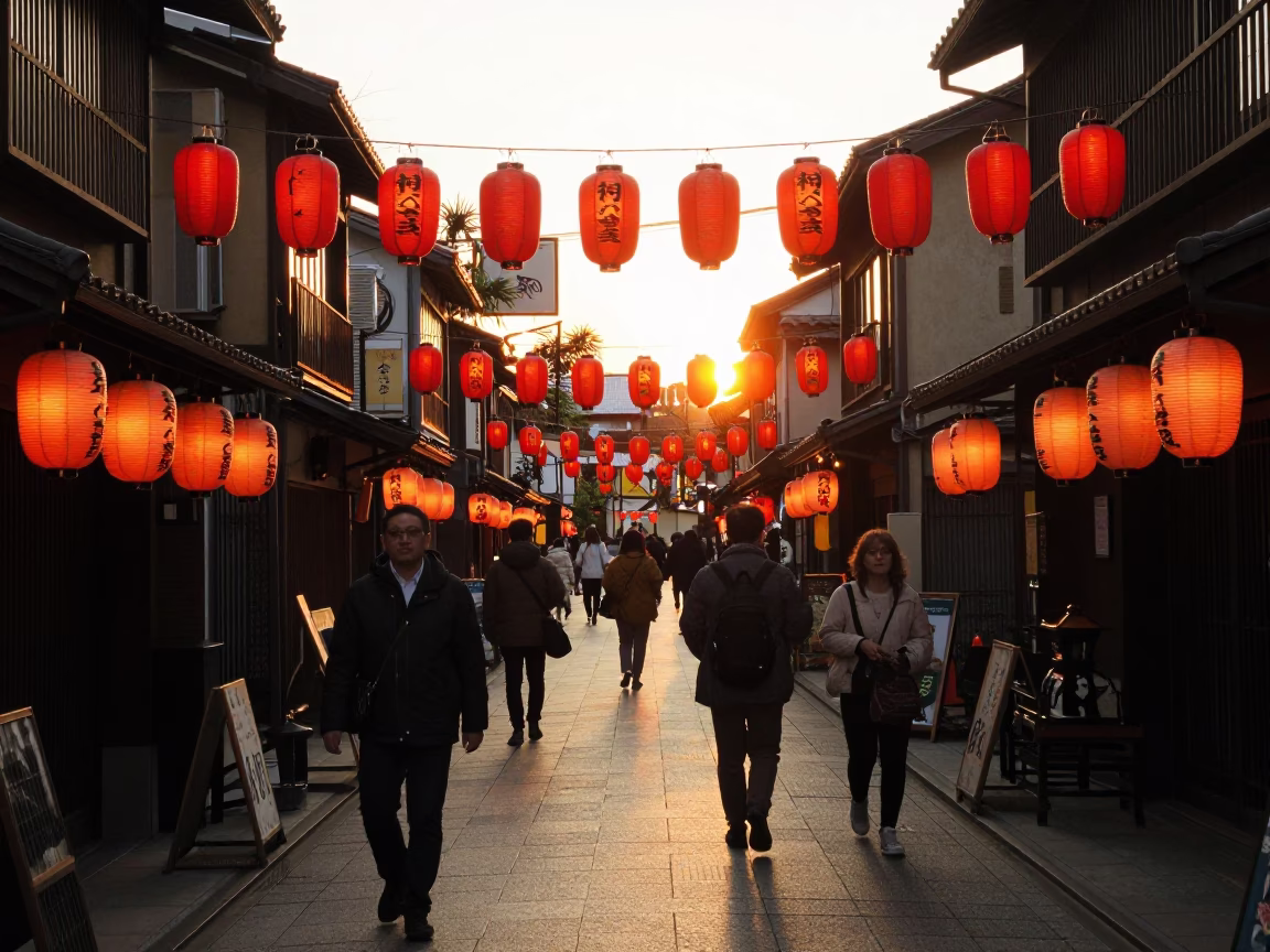 Golden Hour Street Scene in Osaka Japan with Traditional Lanterns and Pedestrians in in Osaka, Japan