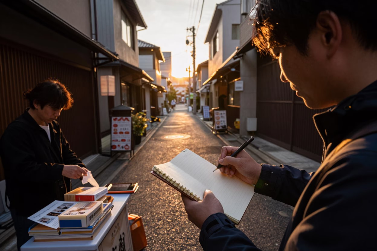 Golden hour street scene in Osaka with vendor and notebook in in Osaka, Japan
