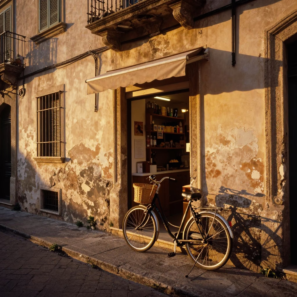 Golden Hour Street Scene in Palermo Italy with Bicycle and Wicker Shadow in in Palermo, Italy