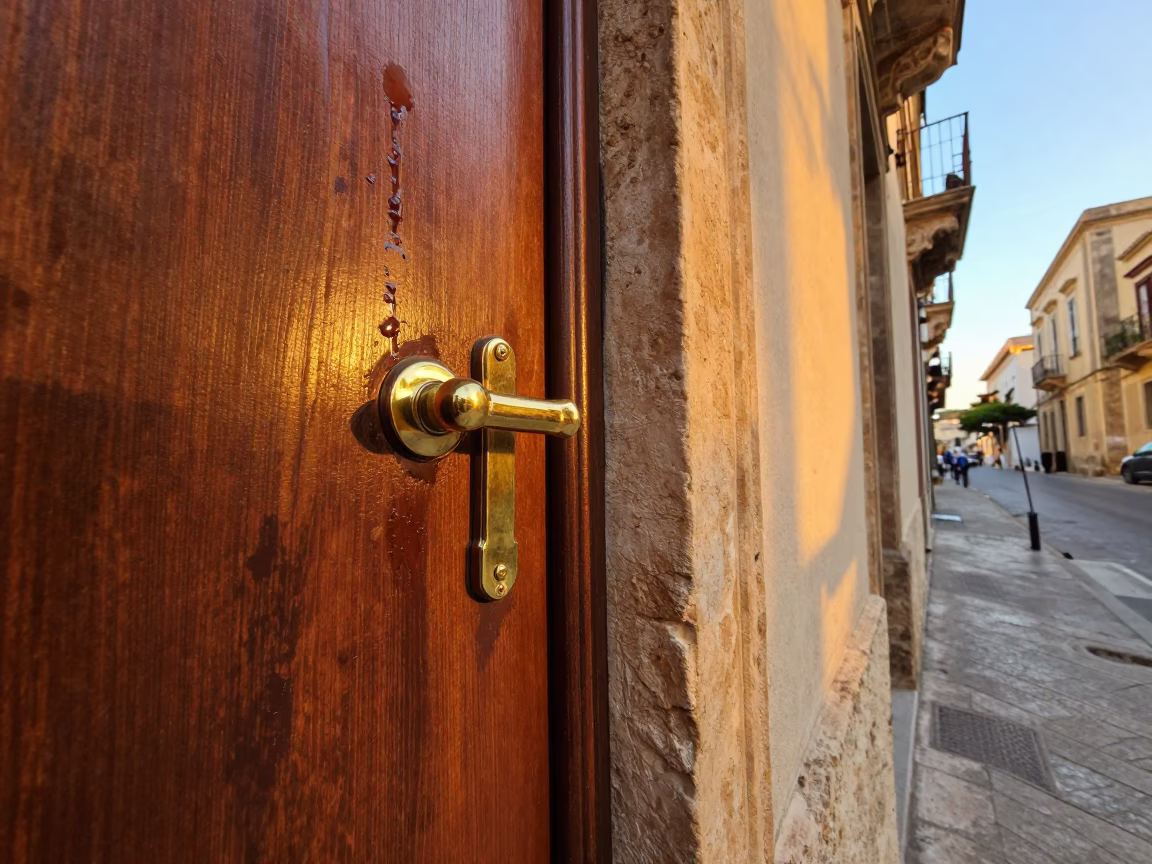 Golden Hour Street Scene in Palermo Italy with Brass Hardware and Water Stains in in Palermo, Italy