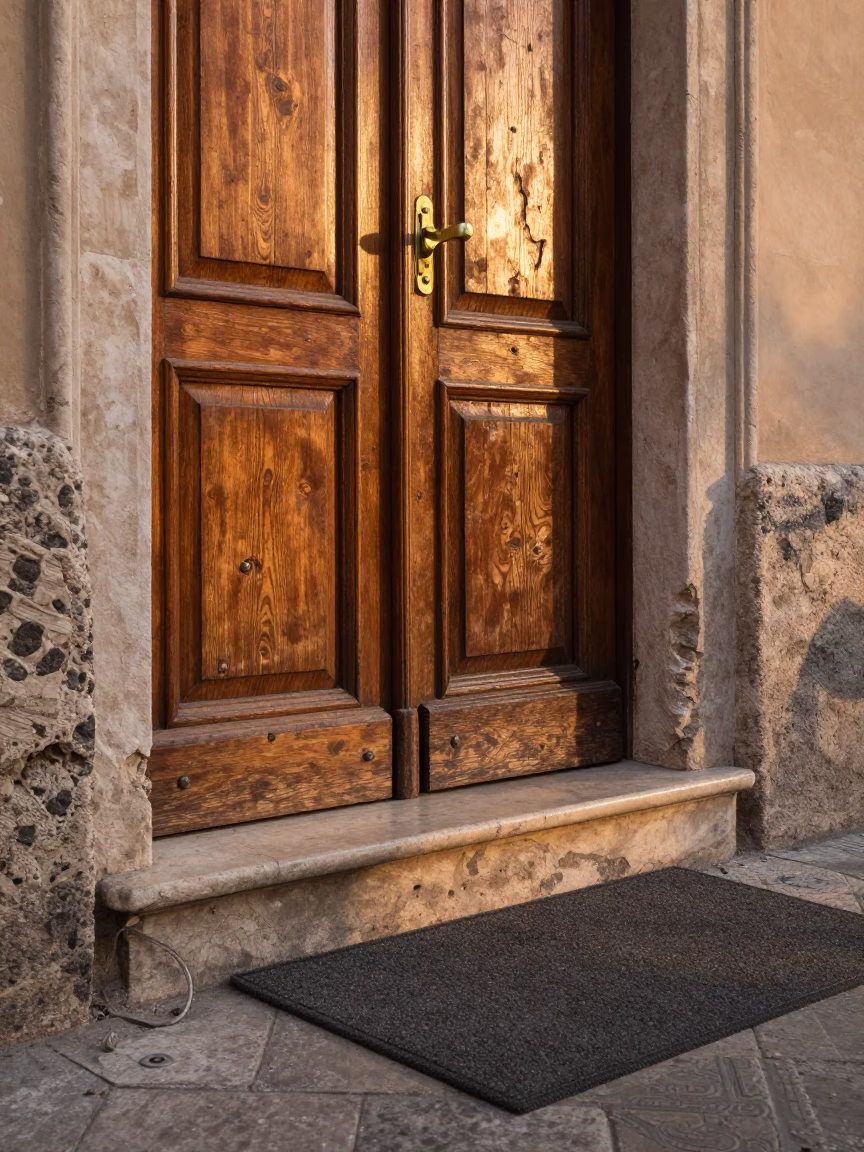 Golden Hour Street Scene in Palermo Italy with Brass Hinge and Doormat in in Palermo, Italy