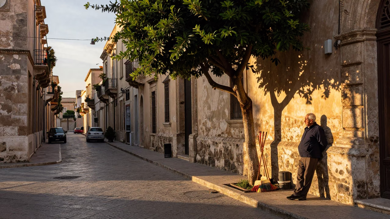 Golden Hour Street Scene in Palermo Italy with Brooms and Fig Tree in in Palermo, Italy