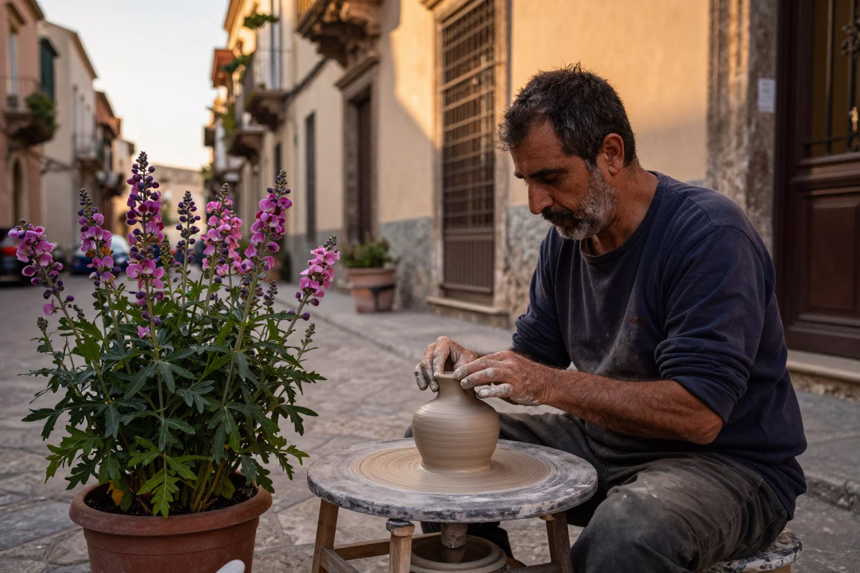Golden Hour Street Scene in Palermo Italy with Ceramicist and Sweet Peas in in Palermo, Italy