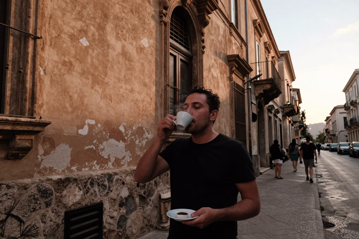 Golden Hour Street Scene in Palermo Italy with Coffee Cupper and Vintage Details in in Palermo, Italy
