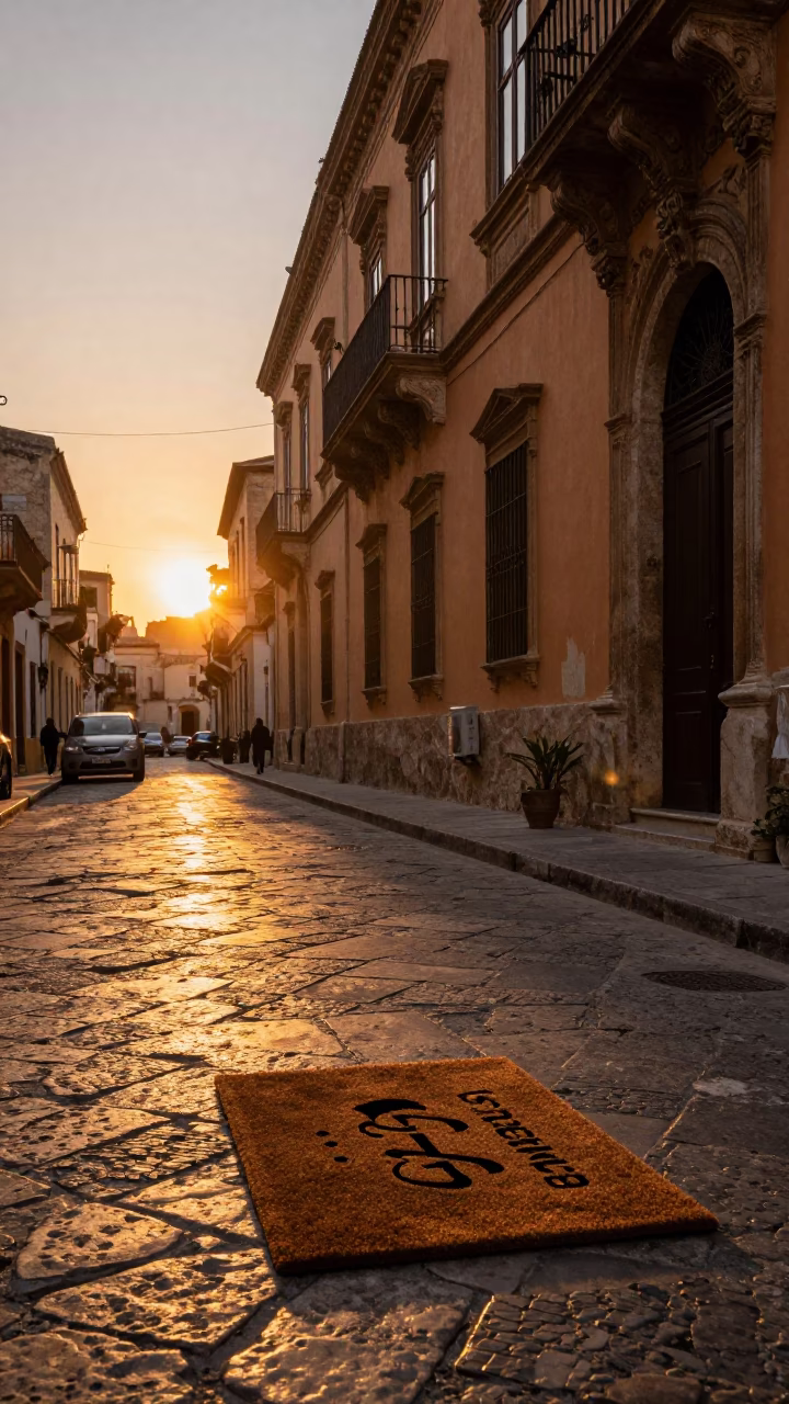 Golden Hour Street Scene in Palermo Italy with Doormat and Local Life in in Palermo, Italy