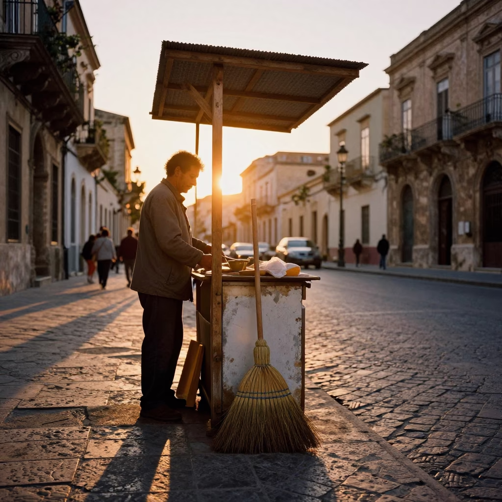 Golden Hour Street Scene in Palermo Italy with Hand Broom and Local Market Activity in in Palermo, Italy