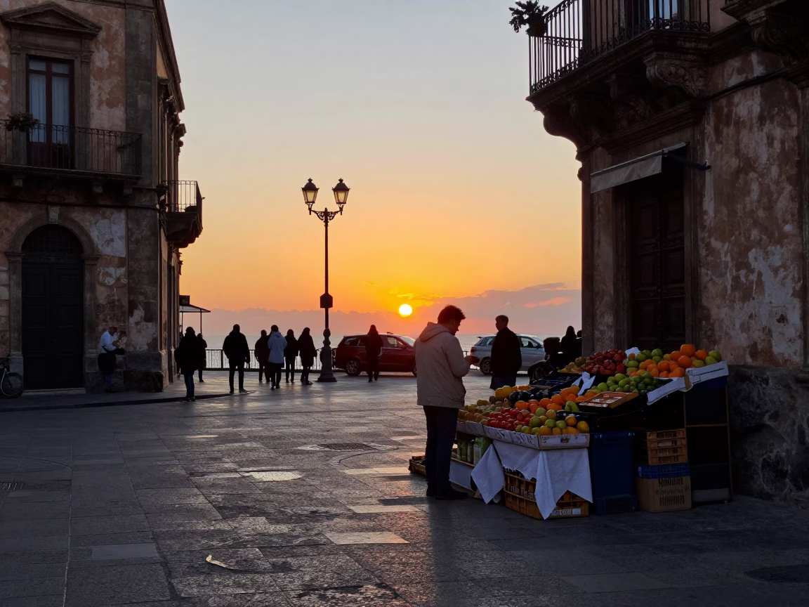 Golden Hour Street Scene in Palermo Italy with Linen Napkin and Local Life in in Palermo, Italy